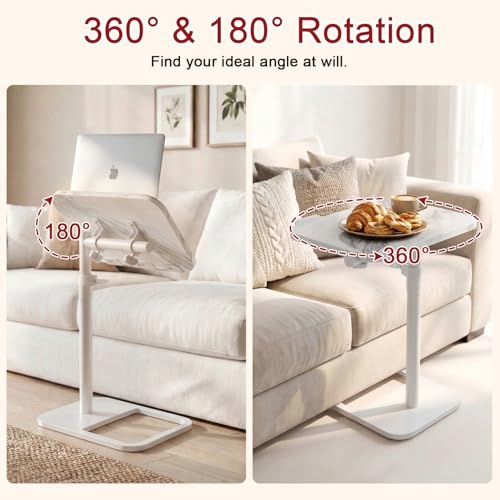 GOYLSER Adjustable Height Sofa C Table, 360° Swivel/180° Flip-Over Panel Side Table with Tablet Slots for Small Spaces, Morden TV Tray Couch Tables for Dinner Eating (White Marble) - color: White Marble, style: Tilt C Table