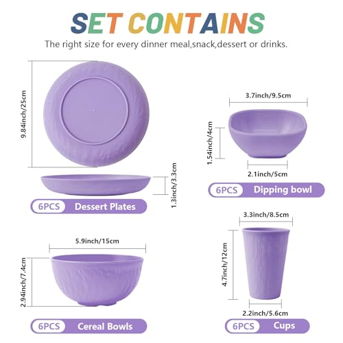 SHECIPIN 24-Piece Wheat Straw Dinnerware Set, Large Round Plates, Bowls and Cups, Unbreakable dish set, Dishwasher and Microwave Safe, Outdoor Camping Dishes - color: Colorful+ dipping sauce cups