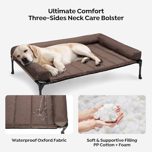 Veehoo Cooling Elevated Dog Bed Add Removable Waterproof Bolster Cushion Mat, Raised Pet Cot with Breathable Teslin Mesh, No-Slip Feet, Dog Couch Bed for Indoor Outdoor, Large, Brown CWC2331B - color: Brown, size: 42.0"l X 30.0"w X 7.0"th