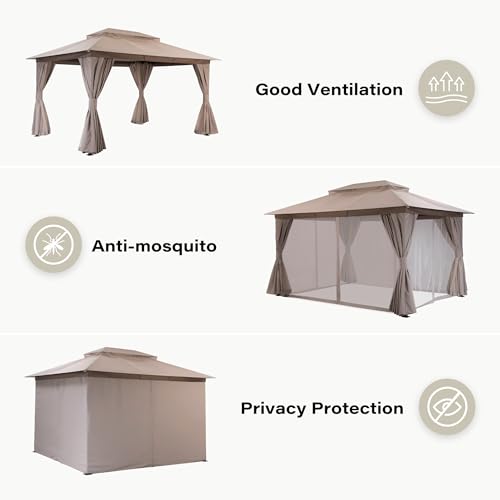 LAUSAINT HOME Gazebo 10x13ft, Heavy Duty Patio Gazebo with Expansion Bolts, Party Canopy Tent with Double Roofs, Mosquito Nettings and Privacy Screens for Backyard, Garden, Lawn, Khaki - color: Khaki, size: 10'x13'