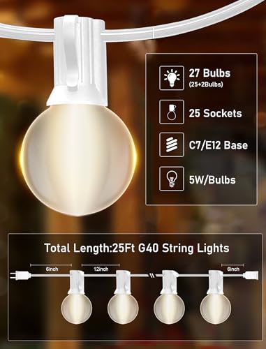 25FT Frosted White Lights G40 Globe Outdoor String Lights Patio Lights with 25 Frosted White Globe Bulbs - White Wire - color: 25FT Frosted white, size: 25 Feet