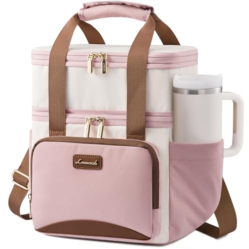 LOVEVOOK Insulated Lunch Bag For Women Men,Expandable Double Deck Lunch Box With Large Cup Holder,Leakproof Cooler Bag For Adult Lunch Tote Bag Work Picnic Beach with Adjustable Shoulder Strap Gift - color: Off White with Pink, size: Large —15l