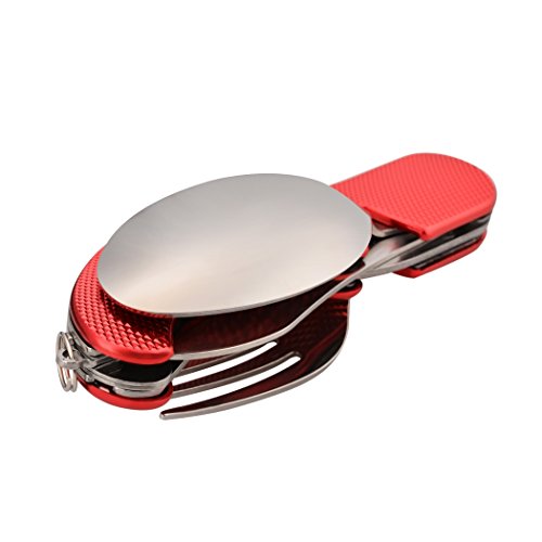 Leeko 4 in 1 Stainless Steel Portable Outdoor Pocket Knife Fork Spoon Diner Set Multi-function Tableware for Camping Hunting - color: Red