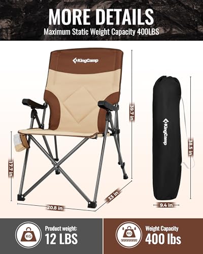 KingCamp Folding Camping Chair Adjustable 3-Position, Reclining Outdoor High Back Camp Chair with Hard Armrests, Heavy Duty Portable Chair, Dual-Layer Padded Seat & Storage for Camping, Lawn, Backyard - color: 1 Pack-khaki/Coffee-3-level Adjustment