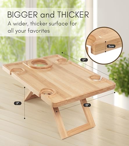 Outdoor Wine Picnic Table, Wooden Folding Picnic Table with Glass Holder, Bamboo Wine Glass Snack Tray for Indoor & Outdoor Use, Includes Picnic Mat & Tote Bag