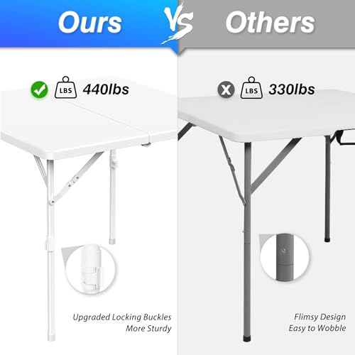 Allpop 34'' Square Folding Card Table, Fold-in-Half Portable Plastic Dining Table with Carry Handle & 2 Heights for Picnic Party Commercial Events, White - color: White, size: 34 Inch