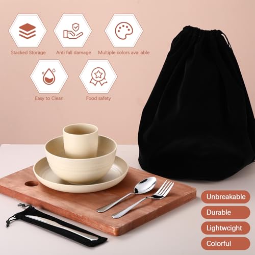 Teenyyou 4 Sets Camping Mess Kits for 4 Person Camping Silverware Set Include Cup, Bowl, Plate, Knife, Spoon, Fork Cutlery Set Unbreakable Wheat Straw Dinnerware Utensils for Travel - color: Dark Color