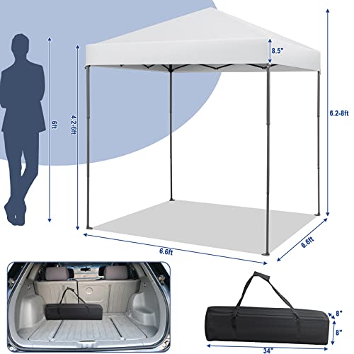 Tangkula 6.6x6.6 Ft Pop Up Canopy, 1 Person Instant Setup Portable Canopy Tent with Center Lock, UPF 50+ Sun Protection, 8 Stakes, 4 Ropes, Carrying Bag - color: White, size: 6.6x6.6FT