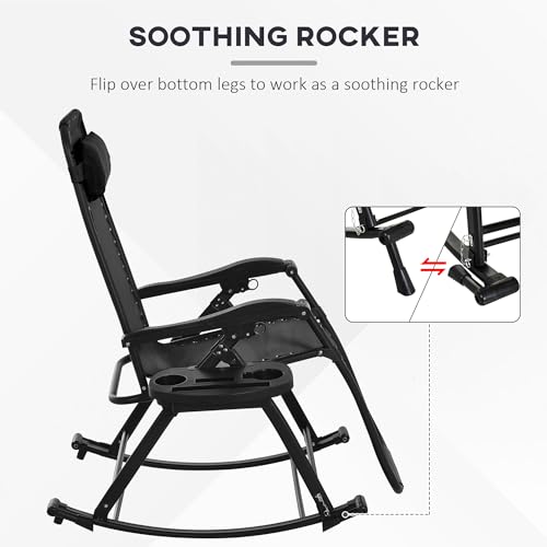 Outsunny Set of 2 Outdoor Rocking Chairs, Foldable Reclining Zero Gravity Lounge Rocker with Pillow, Cup & Phone Holder, Combo Design with Folding Legs, Black - color: Black, size: 2 Packs
