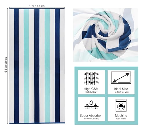 COTTON CRAFT Oversized XL Beach Towel - 2 Pack 39 x 68 inches Big & Huge Beach Blanket Towel - 100% Cotton Velour Thick Plush 450 GSM Super Soft Luxury - Pool Picnic Bath Towel - Cabana Stripe Blue - color: Ocean Blue, size: 2 Pack - 39x68