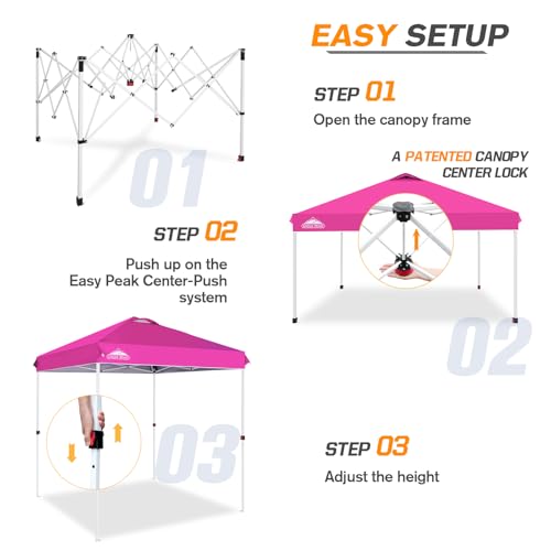 EAGLE PEAK Pop Up Canopy Tent with Wheeled Carry Bag, 8 Stakes, 4 Ropes, Easy Set Up Tent Canopy, 6.6x6.6 ft, Pink - color: Pink, size: 6.6x6.6