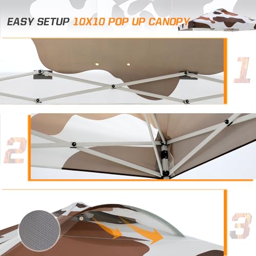 EAGLE PEAK Pop Up Canopy Tent with Wheeled Carry Bag, 8 Stakes, 4 Ropes, 4 Weight Bags, Easy Set Up Tent Canopy, 10x10 ft, 100sqft of Shade, Brown Cow Print - color: Brown Cow Print, size: 10x10