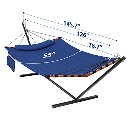 TegerDeger 12FT 2 Person Hammock with Stand Included 55 x 79IN Large Hammock 450LB Capacity with Hardwood Spreader Bar & Nylon Rope for Outside, Patio, Garden, Backyard, Beach - Deep Blue - color: Blue