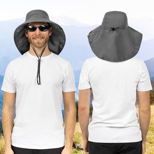 SUN CUBE Wide Brim Sun Hat with Neck Flap, UPF50+ Hiking Safari Fishing Hat for Men Women, Sun Protection Beach Hat - color: Gray