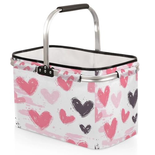 Hearts Picnic Basket Large Collapsible Market Baskets Portable Reuasble Shopping Bags with Handles for Camping Beach Travel - color: Blue