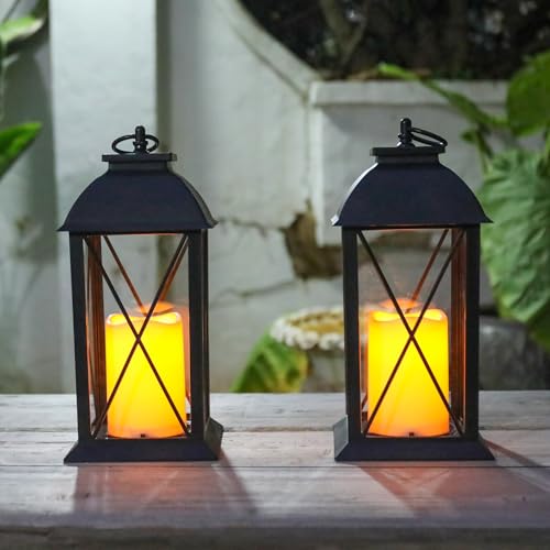 Bdor 2 Pack 13-Inch Black Decorative Lantern with LED Candle (6hr Timer) - IP65 Waterproof Battery Powered - Outdoor Patio Hanging Lanterns Decorative Tabletop Lanterns - color: Flashing Black