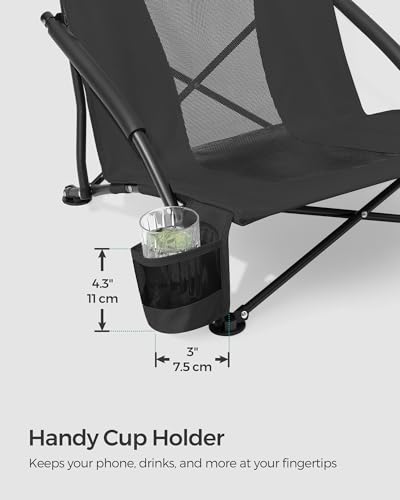 SONGMICS Portable Beach Chair for Adults, Max. Load 330 lb, High Backrest, Cup Holder, Lightweight, Heavy-Duty, Black UGCB61BK - color: Black, style: 1 Pack