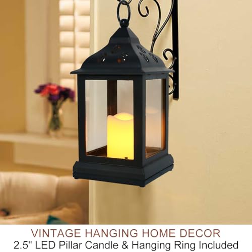 2-Pack 9.5" Vintage Decorative Candle Lantern with LED Flickering Flameless Candle (Black, 8hr Timer) - Indoor Hanging Lanterns Decorative Lanterns Battery Powered LED Candle Timer Candle - color: Black