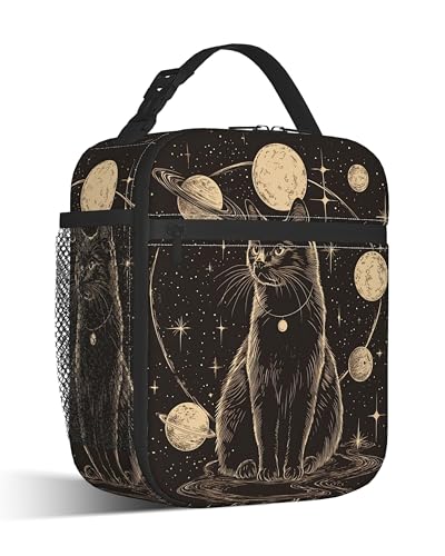 Black Cat Lunch Bag for Kids,Astrology Planet Insulated Lunch Box for Women, Large Capacity with Mutiple Pockets Gilrs Boys School Thermal Bag for Work,Picnic,Hiking - color: Black Cat