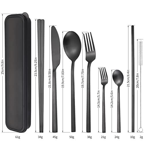 AARAINBOW 6 Pieces Stainless Steel Flatware Set Portable Reusable Cutlery Set Travel Utensils Set Including Chopsticks Knife Fork Spoon Straws Cleaning Brush Dishwasher Safe (B-Black) - color: B-Black