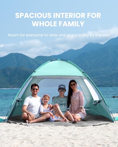 OutdoorMaster Beach Tent for 3/4/6/8 Person - Easy Setup Sun Shade Shelter, Portable Beach Shade Sun Canopy with UPF 50+ UV Protection, Removable Skylight Family Size - color: Green, size: 4 Person