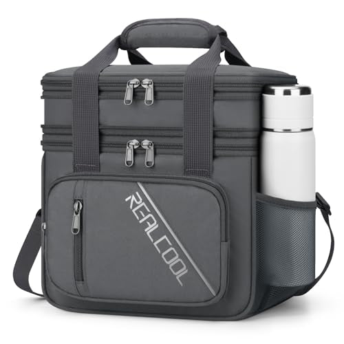 RealCool Lunch Bag, Insulated Lunch Box for Men Women, Double Deck Leakproof Soft Cooler Bag with Adjustable Strap, Reusable Lunchbox for Work, Travel, Camping (Grey) - color: Gray