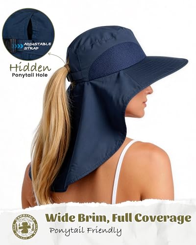 Camptrace Sun Hats for Women Men UPF 50+ UV Protection Wide Brim Hiking Fishing Hat with Neck Flap - color: 06-navy
