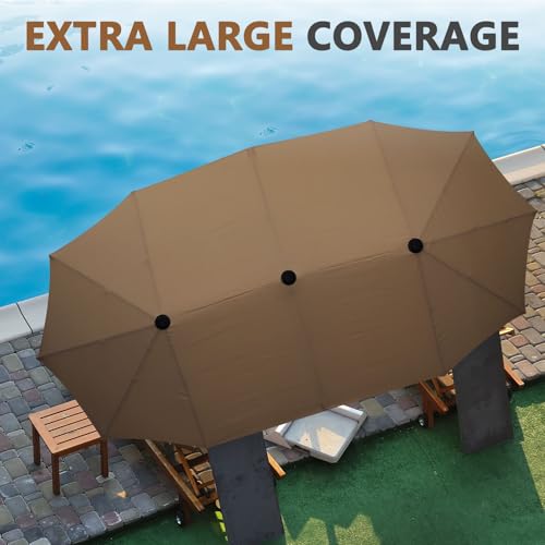 13Ft Large Patio Umbrella with Base Outdoor Double-Sided Market Extra Large Table Umbrella Easy Crank for Yard, Poolside, Deck-Coffee - color: Coffee, size: 13FT Umbrella+Base