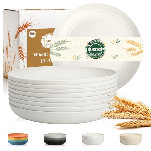 Wheat Straw Plates 10 Inch, Reusable Plastic Plates Set for 8, Unbreakable Dinner Plates for Salad, Noodle, Microwavable Plates for Kitchen, Outdoor, Camping, RV - White - color: White, size: 10 Inch
