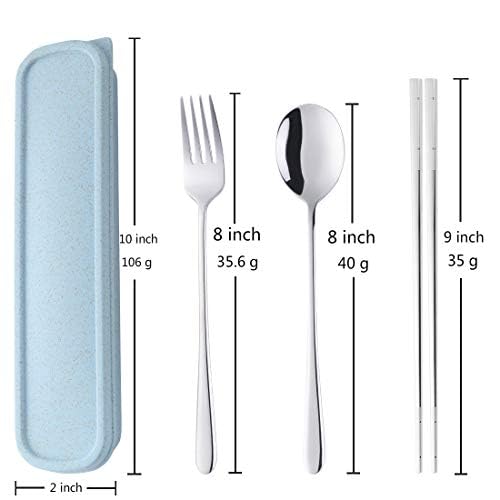 Portable Travel Flatware 3PCS Spoon Fork Chopsticks Set 18/10 Stainless Steel with Case and Bag for School Work Office lunch (Silver) - color: silver-1