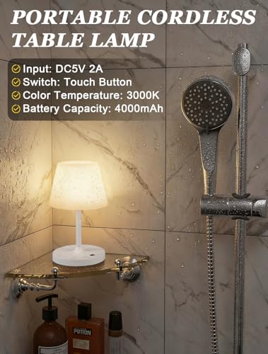 Kakanuo White Cordless Shower Lamp Waterproof, Rechargeable Table Lamp with 4000mAh Battery, Touch Dimmable Desk Light for Outdoor, Kitchen, Bathroom, Camping, Patio, IP54 - color: White