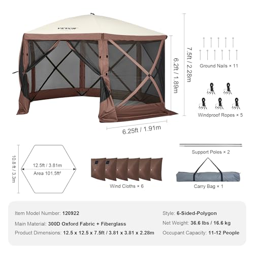 VEVOR Pop Up Gazebo Screen Tent 6 Sided Canopy Sun Shelter with 6 Removable Privacy Wind Cloths & Mesh Windows, 12.5x12.5FT Quick Set Screen Tent with Mosquito Netting, Brown - color: Brown, size: 12.5x12.5ft