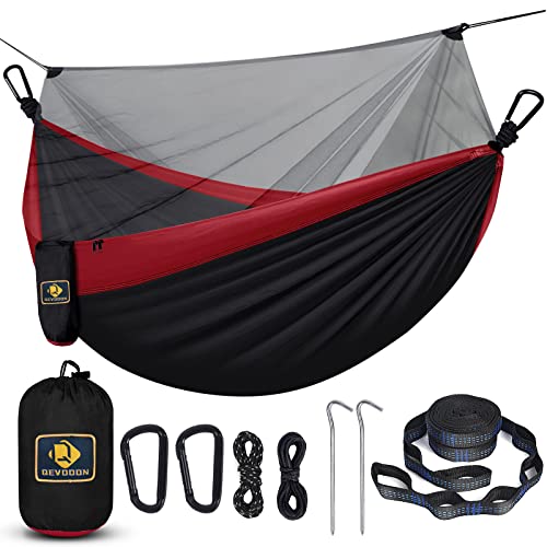 Camping Hammock with Net,Travel Portable Lightweight Hammocks with Tree Straps and Solid D-Shape Carabiners,Parachute Nylon Hammock for Outsides Backpacking Beach Backyard Patio Hiking - color: Black & Red, size: Large