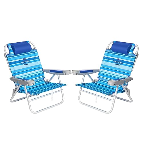SUNNYFEEL Extra Wide 28" Low Beach Chair 2 Pack 5 Position Lay Flat, XL Oversized Portable Folding Camping Chairs with Cup Holder for Outdoor/Trip, Foldable Backpack Beach Chair for Adults - color: Lightblue Stripe, size: 2-PACK