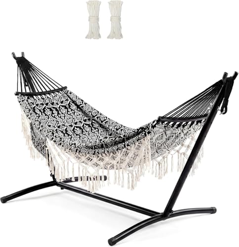 Portable Double Hammock with Stand, 450 lb Capacity Heavy Duty 2-Person Hammock Bed with Decorative Lace, Large Comfortable Outdoor Hammock for Patio, Backyard, Poolside, Easy Tool-Free Assembly
