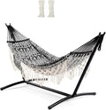 Portable Double Hammock with Stand, 450 lb Capacity Heavy Duty 2-Person Hammock Bed with Decorative Lace, Large Comfortable Outdoor Hammock for Patio, Backyard, Poolside, Easy Tool-Free Assembly