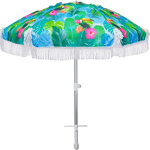 AMMSUN 6.5ft Heavy Duty HIGH Wind fringe Beach Umbrella with sand anchor Vent Tilt Portable Sun Shelter UPF 50+ Windproof Outdoor Sunshade Umbrellas Carry Bag for Patio Garden Pool Backyard Sports