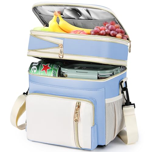 Lunch Box & Lunch Bag for Women, Large Insulated Adult Lunch Box Leakproof Lunchbox Cooler Bag for Work Picnic Beach,16L, Sky Blue & White - color: Sky Blue