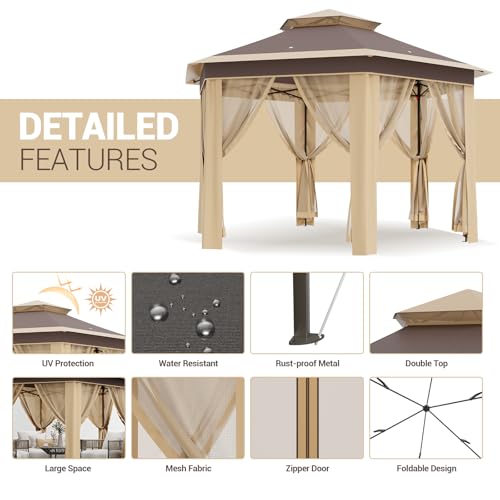 13X13 Pop Up Gazebos,Outdoor Canopy Tent with Mosquito Netting, Double Vented Roof Sun Shelter with Adjustable Heights,Outdoor Gazebo for Backyard & Patio Furniture.（Khaki-Six Sides Gazebos） - color: Khaki Beige