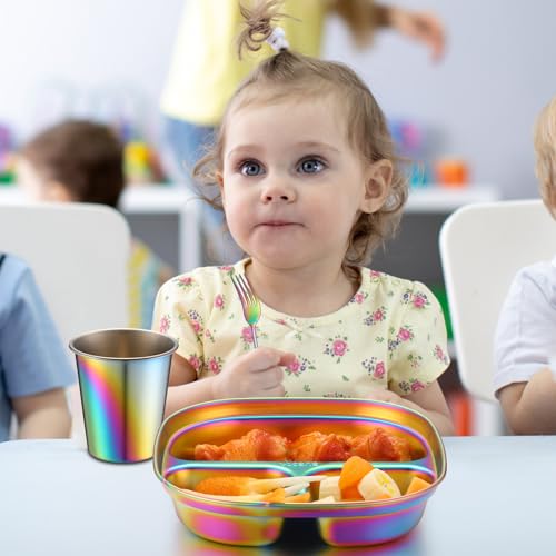 Tioncy 15 Pcs Stainless Steel Kids Dinner Set, Bowls, Balanced Bites Divided Plates, Cups, Spoons and Forks, Stainless Steel Lunch Plates Dinnerware Set for Kids Toddlers (Classic) - style: Classic