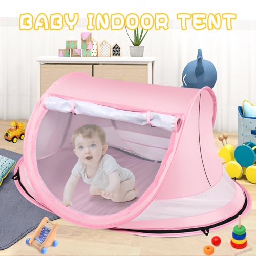 Baby Beach Tent,Large Pop Up Beach Tent Sun Shade for Beach,Portable Baby Travel Tent with Mosquito Net,Indoor Baby Play Tent,UPF 50+ UV Protection Sun Shelters for Infants - style: Pink