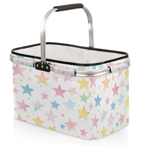 Colorful Stars Picnic Basket Large Collapsible Market Baskets Portable Reuasble Shopping Bags with Handles for Camping Beach Travel - color: Yellow