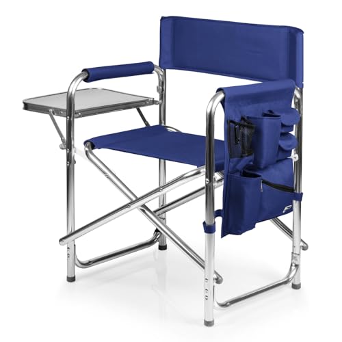 PICNIC TIME Sports Chair with Side Table and Armrest Caddy, Lightweight Aluminum Folding Outdoor Camping Chair for Adults, Portable Director Style Lawn Seating with Pockets & Carry Strap, (Navy Blue) - color: Blue