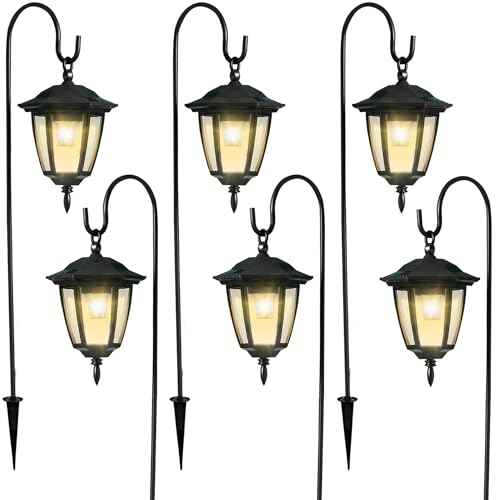 Dynaming 6 Pack Solar Hanging Lights Outdoor, Solar Powered Garden Decorative Lanterns with 6 x 38 Inch Shepherd Hooks, Waterproof Landscape Lighting for Lawn Patio Yard Pathway Driveway, Warm White - size: 6 Pack