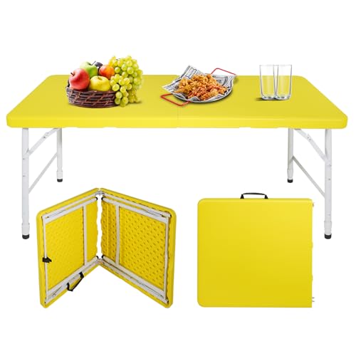 Portable Plastic Folding Table 4ft/6ft/8ft Heavy Duty White Black Picnic Dining Table Fold-in-Half for Camp Party Kitchen Indoor Outdoor - color: Yellow, size: 4FT, style: Flat Desktop