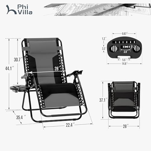 PHI VILLA Zero Gravity Chair Set of 2, Padded Anti Gravity Recliner, Oversized 28" Wide Seat, Foldable Patio Lounger with Armrest & Cup Holder, Supports 400 LBS (Grey) - color: Grey
