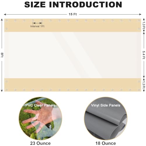 Clear Vinyl Curtains for Patio Enclosure, 23oz Heavy Duty Waterproof Anti-UV and Tear-Resistant Tarpaulin with Grommets, Weatherproof Panels for Porch, Pergola, Gazebo, Balcony, Outdoor - color: Khaki, size: 8'H X 15'W