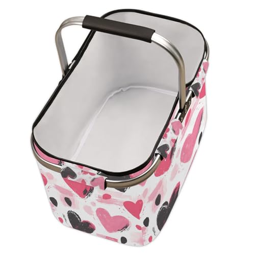 Colorful Love Hearts Picnic Basket Large Collapsible Market Baskets Portable Reuasble Shopping Bags with Handles for Camping Beach Travel - color: Brown