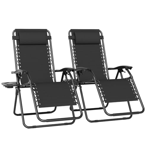 Set of 2 Adjustable Zero Gravity Lounge Chairs Outdoor Recliner w/Cup Holder Tray & Removable Pillows, Ergonomic Reclining Chair for Camping Patio Lawn Balcony (Black) - color: Black