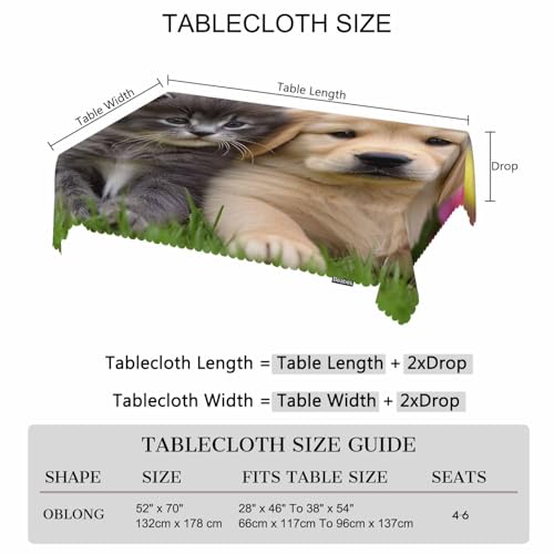 Table Cloth Cat Dog, Cute Funny Farmhouse Soft Table Cover for Kitchen Dining Tabletop Decoration, 52x70 Inch Fitted, 4-6 Seats - color: Cat Dog
